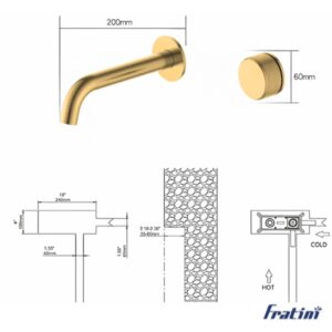 Vòi âm tường nóng lạnh điều chỉnh núm xoay Fratini Venice Gold model 39041613GL
