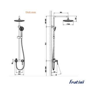Bản vẽ kỹ thuật của sen cây tắm nóng lạnh Fratini Milano Gold 39050102GL